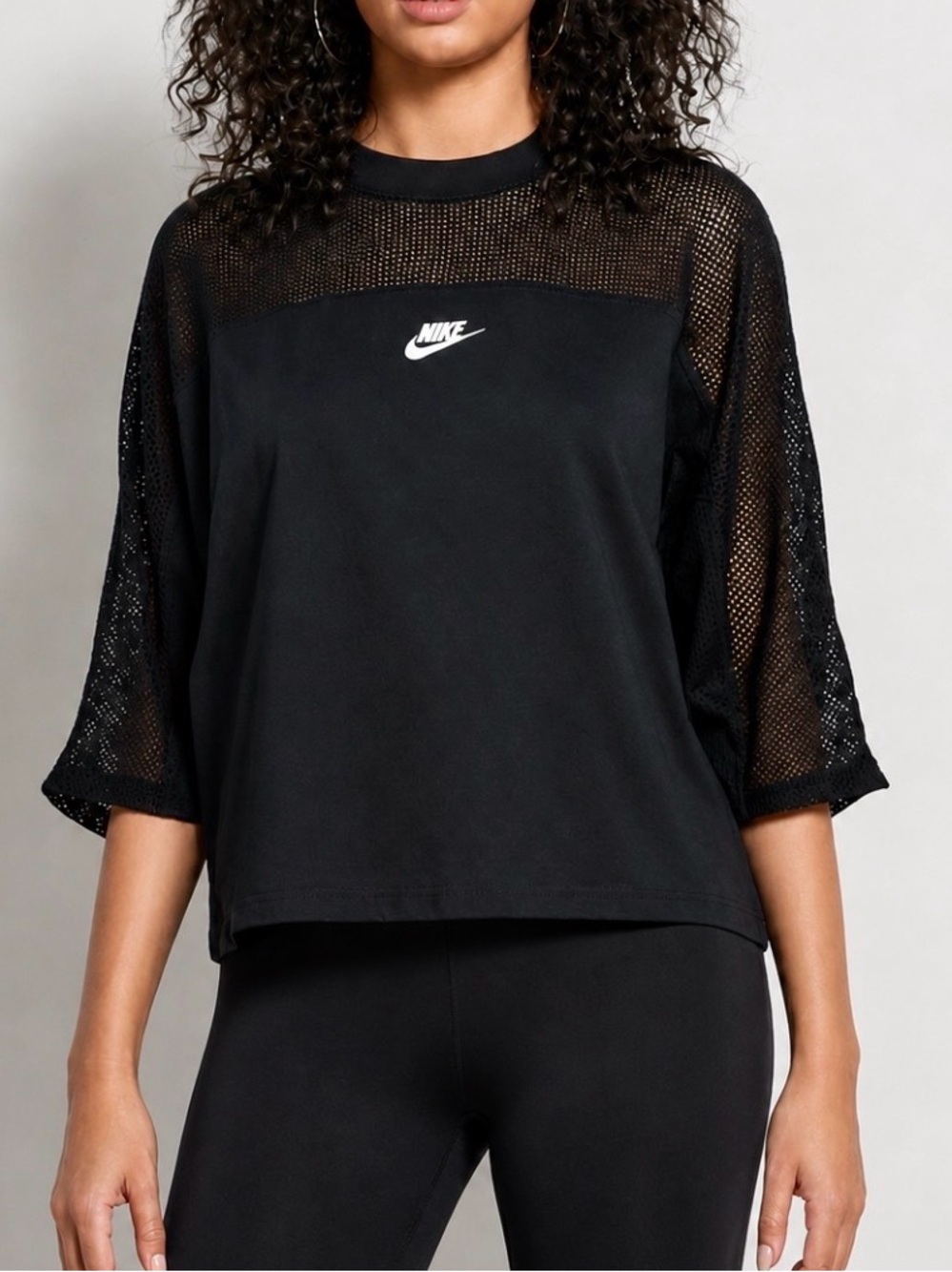 NIKE Black Mesh Box Logo Swoosh Cropped T-Shirt Size S